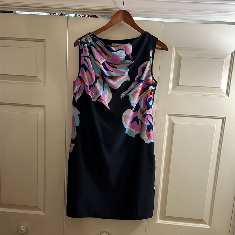 LOFT Navy Midi Dress with Pink and Light Blue Floral Print side Zipper Size 6